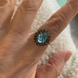Sterling Silver Aquamarine & Marcasite Cocktail Ring Size 8.5